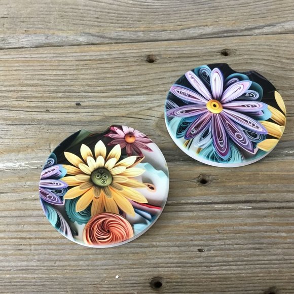 Pastel Paper Wildflowers Car Coasters Set of 2 - Picture 3 of 9